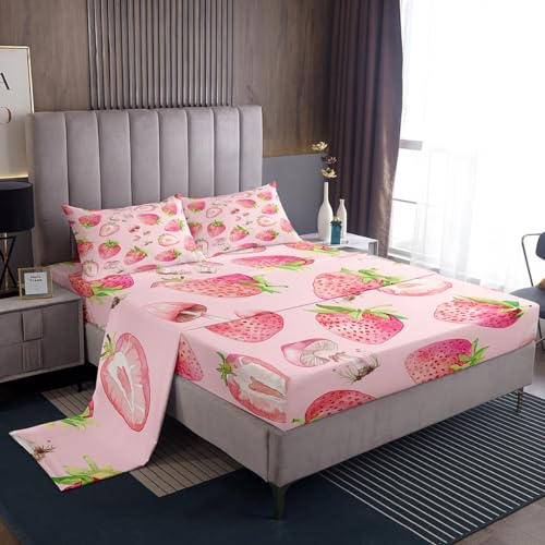 Feelyou Kinder-Bettwäsche-Set mit rosa Erdbeeren, Queen-Size-Größe, Pilz-Bettwäsche-Set für Jungen und Mädchen, niedliches Kawaii-Bettlaken mit tiefen Taschen, Obst-Bettwäsche-Set von Feelyou