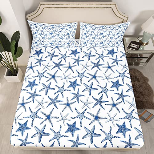 Feelyou Seestern-Bettwäsche, Spannbettlaken, Ozean, Strand, Meeresleben, Dekoration, Bettlaken-Set für Kinder, Jungen, Mädchen, Küste, Strand, Thema, Bettwäsche, Schlafzimmer, Kollektion, 2 Stück, Doppelgröße von Feelyou