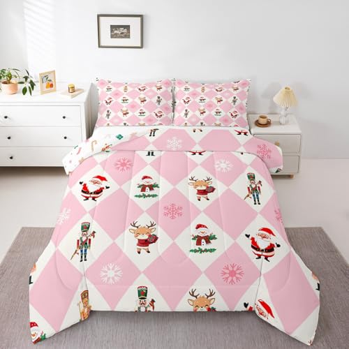 Feelyou Weihnachtliches Nussknacker-Bettwäsche-Set für Kinder, Jungen, Mädchen, rosa Büffel, kariert, Doppelgröße, Aquarell-Nussknacker-Bettwäsche-Set, Schlafzimmerdekoration, Elch, Schneemann von Feelyou