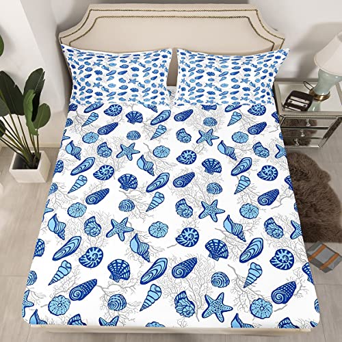 Kinder-Bettwäsche-Set mit Seesternmuscheln, Muscheln, für Jungen und Mädchen, Unterwasserpflanzen, Spannbetttuch, niedlicher blauer Bettbezug, Schlafzimmer-Kollektion, 3-teilig, volle Größe von Feelyou