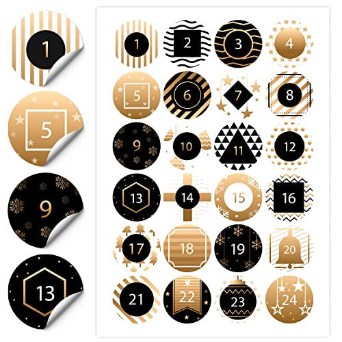 FEENSTAUB Adventskalender Aufkleber (Klebezahlen 1-24) für Adventskalender zum Befüllen, Sticker für Weihnachtskalender, 24 Adventskalender Nummern Aufkleber Adventskalender Sticker gold schwarz von Feenstaub