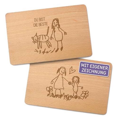 FEENSTAUB Frühstücksbrettchen graviert, Buchenholz Schneidebrett Muttertagsgeschenk, Holzbrett personalisiert mit eigener Zeichnung, Geschenk für Mama, Oma, Brettchen mit Gravur, Kinderkunst von Feenstaub