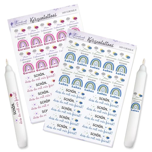 FEENSTAUB Kerzen Tattoos für die Erstkommunion, Konfirmation, personalisierte Gastgeschenk selber machen, Aufkleber für Kerzen, DIY Regenbogen Kerze, Give-Aways gestalten, Kerzenfolie FEENSTAUB Kerzen Tattoos für die Erstkommunion, Konfirmation, personalisierte Gastgeschenk selber machen, Aufkleber für Kerzen, DIY Regenbogen Kerze, Give-Aways gestalten, Kerzenfolie von Feenstaub