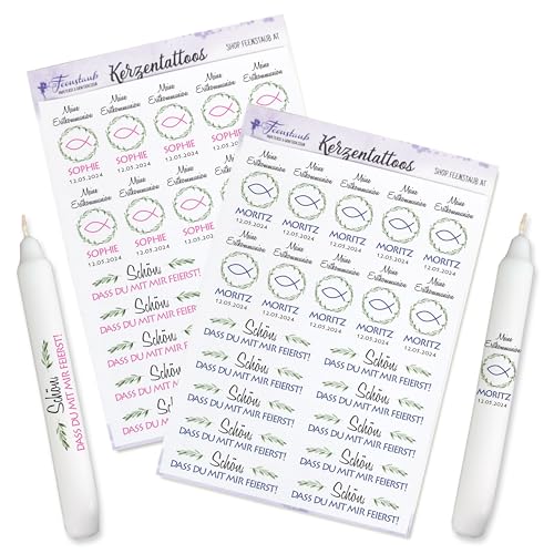 FEENSTAUB Kerzen Tattoos für die Erstkommunion, personalisierte Gastgeschenk selber machen, Tischdeko, Aufkleber für Kerzen, Fischsymbol, DIY Give-Aways gestalten, Kerzenfolie FEENSTAUB Kerzen Tattoos für die Erstkommunion, personalisierte Gastgeschenk selber machen, Tischdeko, Aufkleber für Kerzen, Fischsymbol, DIY Give-Aways gestalten, Kerzenfolie von Feenstaub