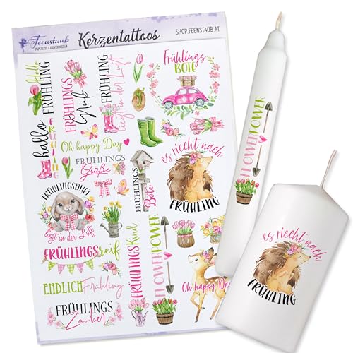 FEENSTAUB Kerzentattoos Frühling, Kerzen Aufkleber für Frühling, Kerzenfolie Frühling Ostern, Frühlingsstimmung, Frühlingsdeko gestalten, Kerzenfolie Sprüche, Kerzen beschriften Folie von Feenstaub