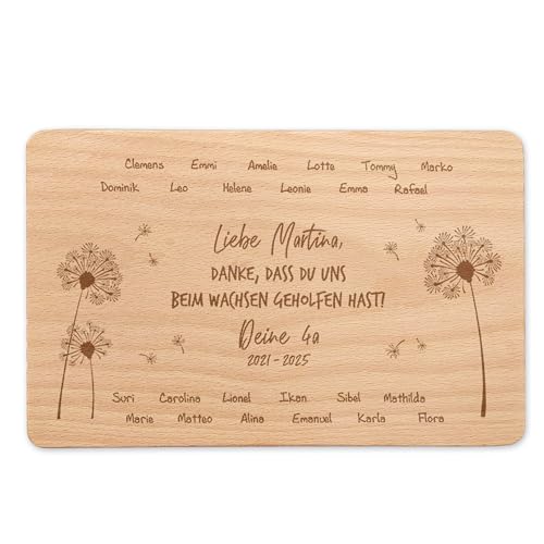 FEENSTAUB Personalisiertes Frühstücksbrettchen, Geschenk für Lehrer zum Schulschluss, graviertes Holzbrettchen als Abschiedsgeschenk Lehrerin, Erzieherin Abschied vom Kindergarten Brettchen Pusteblume von Feenstaub