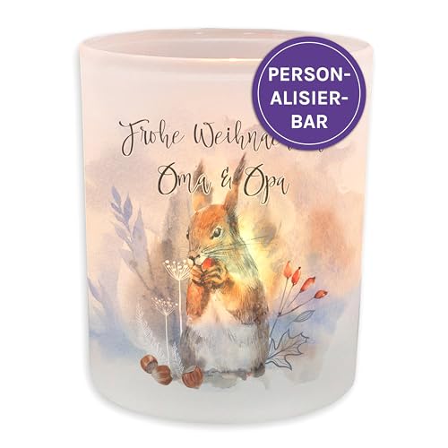 FEENSTAUB Windlicht Glas, Weihnachten Deko Winter, Teelichthalter Glas personalisiert mit Name, Deko Winter Innen, Kerzenglas Deko, Tischdeko Windlicht mit Spruch, Eichhörnchen, Winter Teelicht von Feenstaub