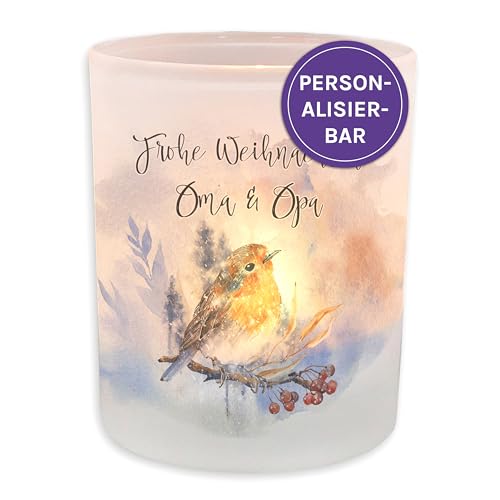 FEENSTAUB Windlicht Glas, Weihnachten Deko Winter, Teelichthalter Glas personalisiert mit Name, Deko Winter Innen, Kerzenglas Deko, Tischdeko Windlicht mit Spruch, Rotkehlchen, Winter Teelicht von Feenstaub