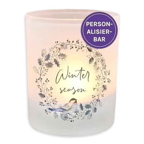 FEENSTAUB Windlicht Glas, Weihnachten Deko Winter, Teelichthalter Glas personalisiert mit Name, Deko Winter Innen, Kerzenglas Deko, Tischdeko Windlicht mit Spruch, Tischlicht Glas, Weihnachtskranz von Feenstaub