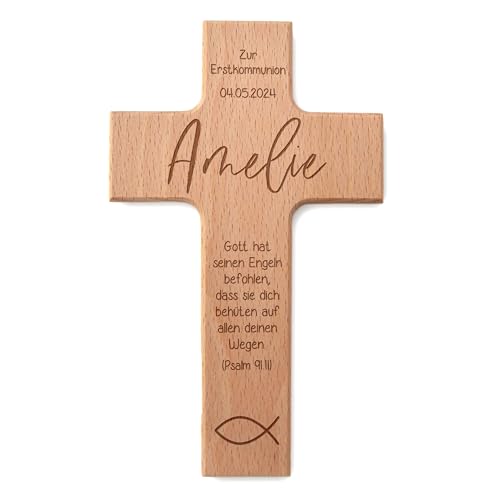 Feenstaub Erstkommunion Kreuz, personalisiertes Holzkreuz zur Kommunion, Konfirmation, Firmung, Kommunionkreuze mit Namen, graviertes Buchenholz, Kinderkreuz mit Spruch, Kommunionsgeschenke von Feenstaub