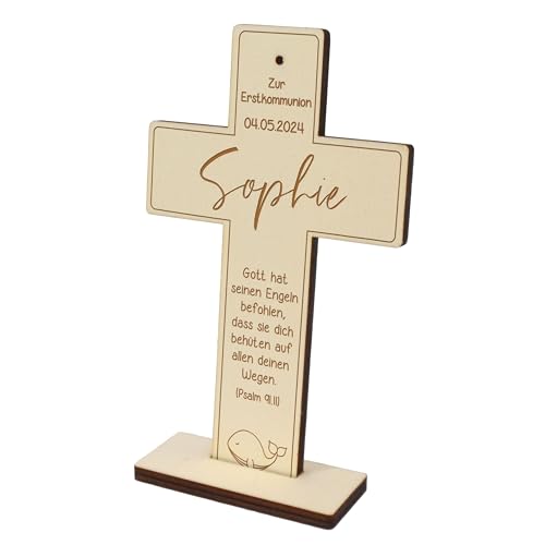 Feenstaub Erstkommunion Kreuz, personalisiertes Holzkreuz zur Kommunion, Konfirmation, Firmung, Kommunionkreuze mit Namen, graviertes Pappelholz, Kinderkreuz mit Spruch, Kommunionsgeschenke von Feenstaub