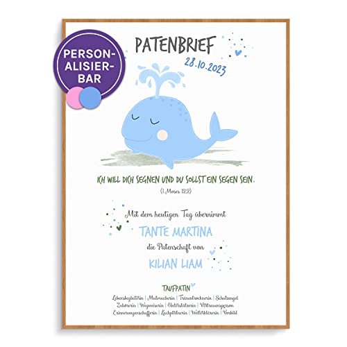 Feenstaub Patenbrief Taufbrief Wal, Patenbrief für Patenkind, personalisierbare Taufurkunde, Patenurkunde, Taufgeschenk personalisiert, Geschenk Geburt, Taufe Geschenk von Feenstaub