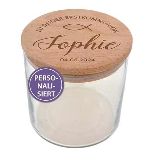 Feenstaub Personalisiertes Glas mit Deckel, Aufbewahrungsglas mit Namen, Holzdeckel mit Gravur, Vorratsdosen Glas mit Deckel, Vorratsglas, Geschenke zur Kommunion, Erstkommunion Geschenk, Symbol von Feenstaub