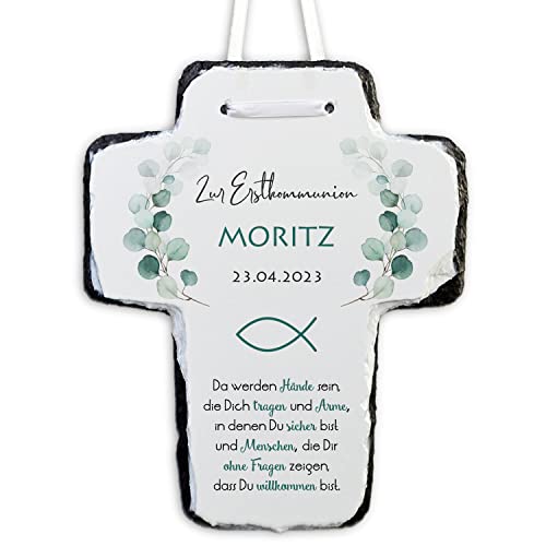 Feenstaub Personalisiertes Kreuz für Erstkommunion, Geschenk zur Kommunion, Schieferkreuz bedruckt, Kinderkreuz, Geschenke ersten heiligen Kommunion, Eukalyptus von Feenstaub