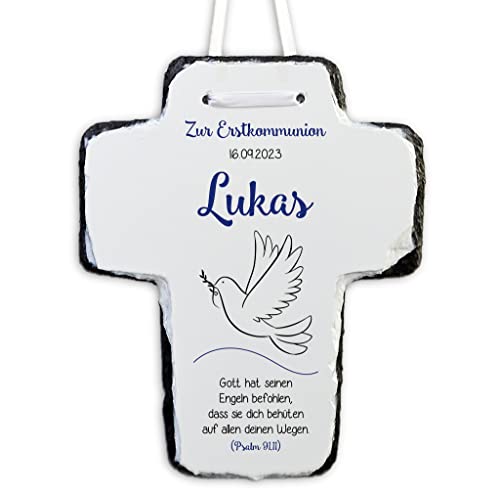 Feenstaub Personalisiertes Kreuz für Erstkommunion, Geschenk zur Kommunion, Schieferkreuz bedruckt, Kinderkreuz Kommunion, Geschenke zur ersten heiligen Kommunion, Taube von Feenstaub