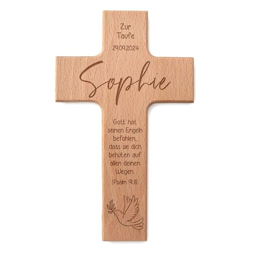 Feenstaub Taufe Kreuz, personalisiertes Holzkreuz zur Taufe, Taufkreuze mit Namen, graviertes Kreuz aus Buchenholz, Kinderkreuz mit Spruch, Taufgeschenke, Geschenk Pate hl Taufe von Feenstaub