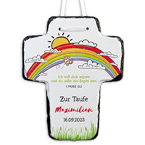 Feenstaub Taufkreuz, Schieferkreuz personalisierbar mit Namen, Datum und Spruch, Erinnerung an die Taufe, Taufgeschenk, personalisiertes Kinderkreuz zum Aufhängen oder Aufstellen, Regenbogen von Feenstaub