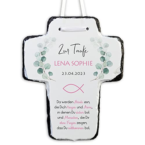 Feenstaub Taufkreuz, Schieferkreuz personalisierbar mit Namen, Erinnerung an die Taufe, Taufgeschenk, personalisiertes Kinderkreuz zum Aufhängen oder Aufstellen, Eukalyptus Fisch von Feenstaub