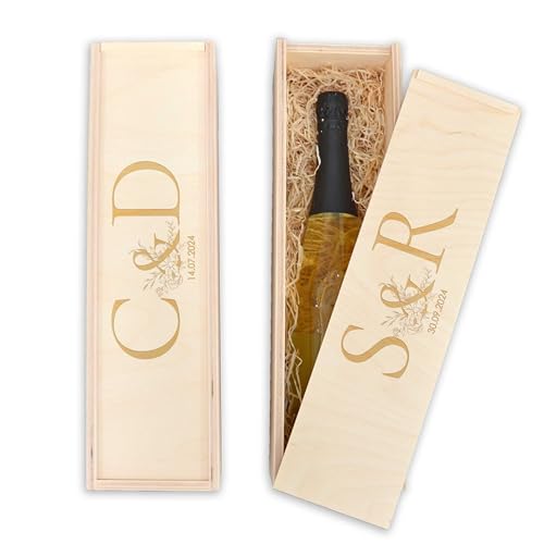 Feenstaub Weinbox graviert, Weinkiste mit Deckel, Weinverpackung 1 Flasche, personalisierte Weinholzkiste für Hochzeit, Hochzeitsgeschenk graviert mit Monogrammen, Geschenk Brautpaar von Feenstaub