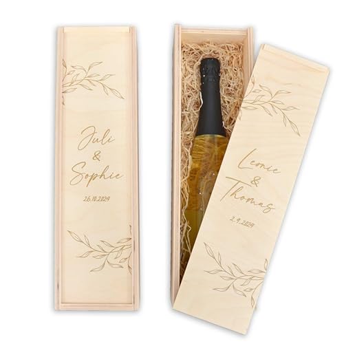 Feenstaub Weinbox graviert, Weinkiste mit Deckel, Weinverpackung 1 Flasche, personalisierte Weinholzkiste für Hochzeit, Hochzeitsgeschenk graviert mit Namen, Geschenk Brautpaar, Ranken von Feenstaub