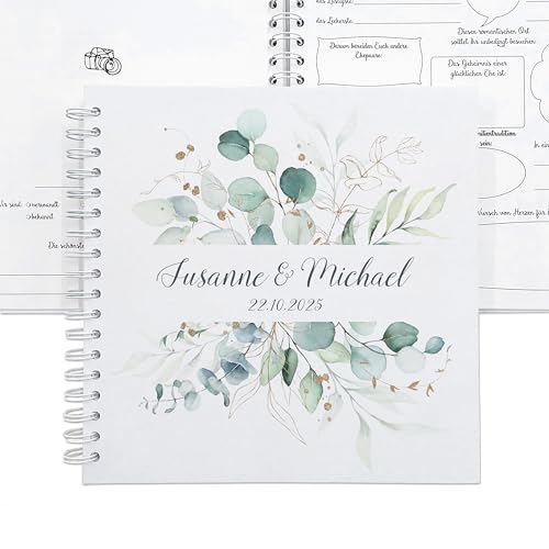 Feenstaub Gästebuch Hochzeit mit Fragen zum Ausfüllen, Hochzeitsgästebuch personalisiert, Hochzeit Gästebuch, personalisiertes Hochzeitsbuch, vorgedruckte Fragen für Gäste, Eukalyptus von Feenstaub