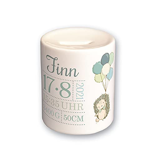 FEENSTAUB Personalisierte Spardose zur Geburt mit Namen und Geburtsdaten vom Baby, Sparbüchse aus Keramik, Geschenk-Idee zur Geburt, Verpackung Geldgeschenk, Spardose Igel Luftballons von Feenstaub