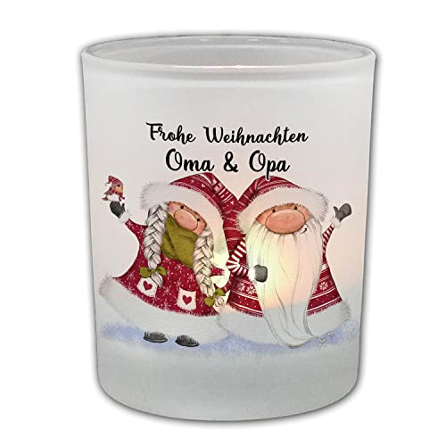 FEENSTAUB Windlicht Glas, Weihnachten Deko Winter, Teelichthalter Glas personalisiert mit Name, Deko Winter Innen, Kerzenglas Deko, Weihnachten mit Weihnachtsgnomen, Tischdeko Winter Teelicht von Feenstaub