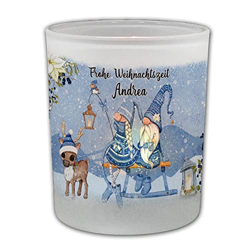 FEENSTAUB Windlicht Glas, Weihnachten Deko Winter, Teelichthalter Glas personalisiert mit Name, Deko Winter Innen, Kerzenglas Deko, Weihnachten mit Weihnachtswichtel, Tischdeko Windlicht mit Spruch von Feenstaub