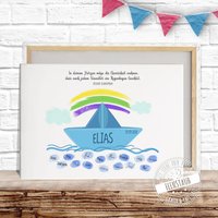 Gästebuch Erstkommunion Fingerabdruckbild, Leinwand Für Fingerabdrücke, Geschenk Zur Kommunion, Von Taufpate, Boot Mit Regenbogen von FeenstaubHandmade