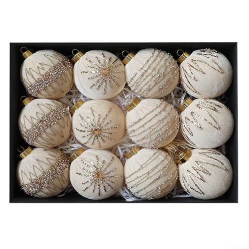 12 Stück Samt beflockte Weihnachtsschmuck 8 cm für Baum, Kranz, Girlande und Kamin, Dekoration mit praktischen Aufhängeschlaufen (Gold) von Feeshoppher