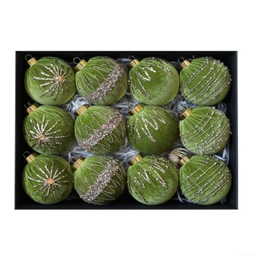 12 Stück Samt beflockte Weihnachtsschmuck 8 cm für Baum, Kranz, Girlande und Kamin, Dekoration mit praktischen Aufhängeschlaufen (grün) von Feeshoppher