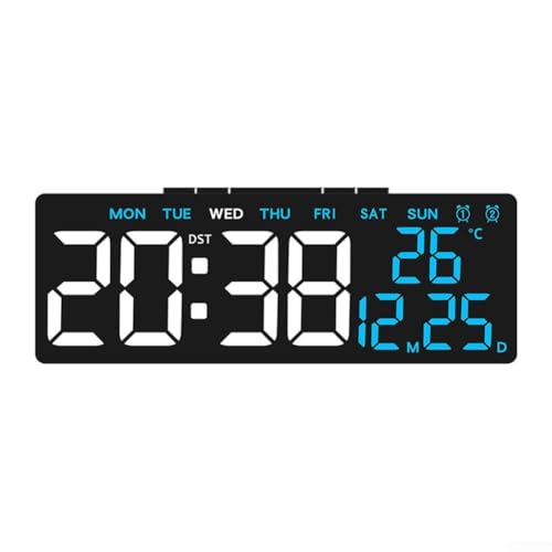 Digitaler LED-Wecker mit programmierbaren Dual-Alarmen; zeigt Zeit, Datum, Wochentag und Temperatur auf einem klaren Display an (blau) von Feeshoppher