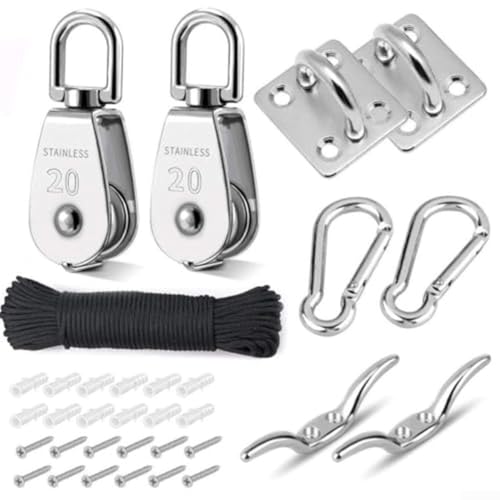 Feeshoppher 304 Edelstahl-Riemenscheiben-Block-System mit 20 m Nylonseil, doppelte Drehrollen, 150 kg Tragkraft, für Garten, Fahnenmast, Gewächshaus, Schattensegel Feeshoppher 304 Edelstahl-Riemenscheiben-Block-System mit 20 m Nylonseil, doppelte Drehrollen, 150 kg Tragkraft, für Garten, Fahnenmast, Gewächshaus, Schattensegel von Feeshoppher