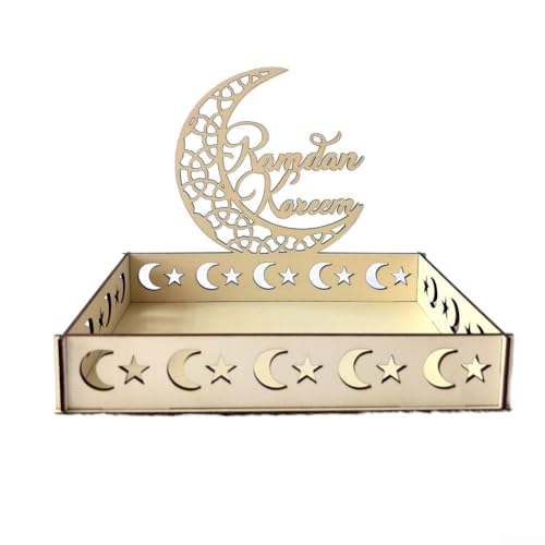 Feeshoppher Eid Holz Desserttablett Eid Mubarak Tablett Ramadan Holztablett Ramadan Party Utensilien Eids Mubarak Mond Stern Tablett Ramadan Teller Lebensmittel Süßigkeiten Kekse Snack Servierteller von Feeshoppher