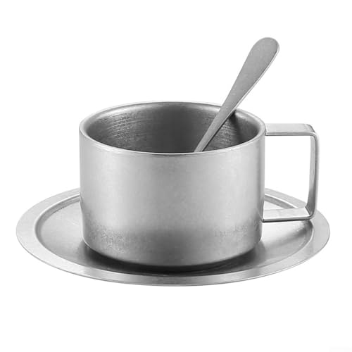 Isoliertes Edelstahl-Kaffeetassen-Set mit doppelwandigem Design, komplett mit passendem Löffel und Matte (200 ml) von Feeshoppher