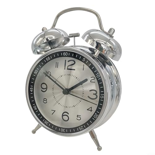 Moderner Metallwecker mit klassischer Doppelglocken-Funktionalität, sorgt für ruhige Morgen ohne Tickgeräusche (Silber) von Feeshoppher