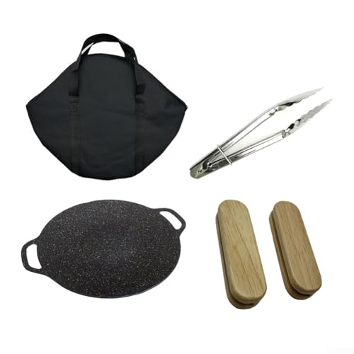 Runde Camping-Grillpfanne im koreanischen Stil, Outdoor-Bratpfanne mit Holzgriff, Grillplatte für Camping, Wandern, Picknick, Mehrzweck-Kochgeschirr-Set mit Stoffbeutel, 34 cm (33 cm) von Feeshoppher