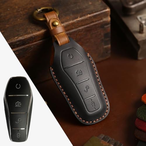Schlüsselhülle aus Leder für BYD Atto 3 Han EV 4-Tasten-Design mit vollständiger Abdeckung (schwarz) von Feeshoppher
