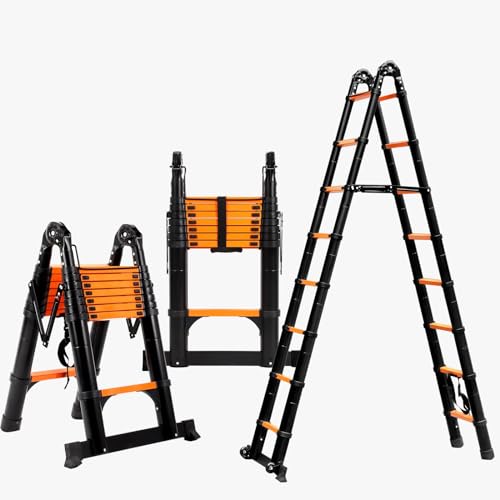 FEETE 4.4m A Frame Teleskopleiter, leichte Ausziehleiter mit Balancierstange beweglichem Rad, Kapazität Teleskopleiter, RV zusammenklappbare Leiter für Haushalt, Outdoor (4.4M Orange & Schwarz) von Feete