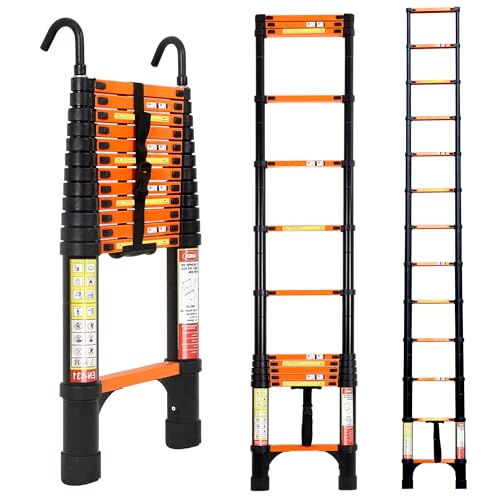 FEETE Teleskopleiter, Aluminium, leichte Verlängerungsleiter mit Dreieck-Stabilisatoren und abnehmbaren Haken, 150 kg Kapazität, Teleskopleiter, Wohnmobil, zusammenklappbare Leiter für Zuhause, von Feete