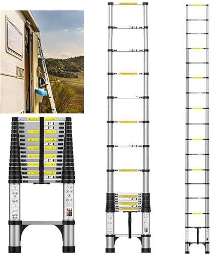 FEETE Teleskopleiter, Aluminium, leichte Verlängerungsleiter mit rutschfesten Füßen, tragbare Dachbodenleiter, robuste zusammenklappbare Leiter für Wohnmobil, Haushalt, Arbeiten im Freien, 150 kg von Feete