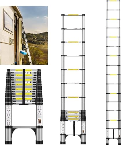 FEETE Teleskopleiter, leichte Aluminiumleiter mit rutschfesten Füßen, tragbare Dachbodenleiter, robuste Wohnmobil-Leiter für Wohnmobil, Haushalt, Arbeiten im Freien, 150 kg Kapazität von Feete