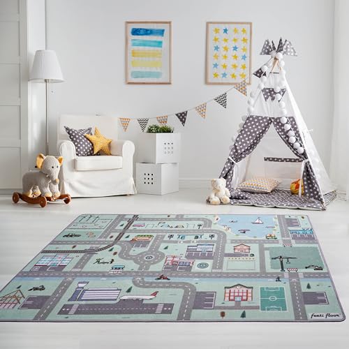 Feeti Floor Neu Pastell Spielteppich Straße | 1,5 x 1,0 m | Ökotex 100, geruchsneutral, Antirutsch | hochwertiger Teppich Kinderzimmer/Kinderteppich/Autoteppich von Feeti Floor