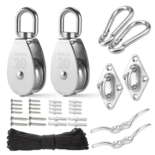 Feeuid M20-Edelstahl-Riemenscheibensystem-Set – Robustes Riemenscheibenrad, Flaschenzug mit Nylonseil 4 Mm, Haken, Langlebige Platte (2er-Pack) von Feeuid