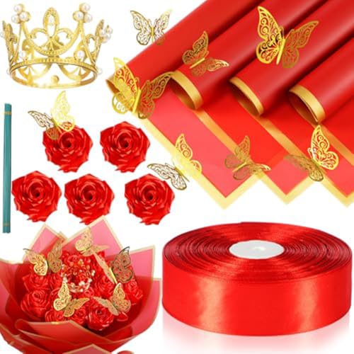 Fegtrtyoa 74 Stück DIY Künstliche Bouquet Gefälschte Band Blumen Bouquet 1-1/2 Satinband Goldrand Geschenkpapier Rot von Fegtrtyoa