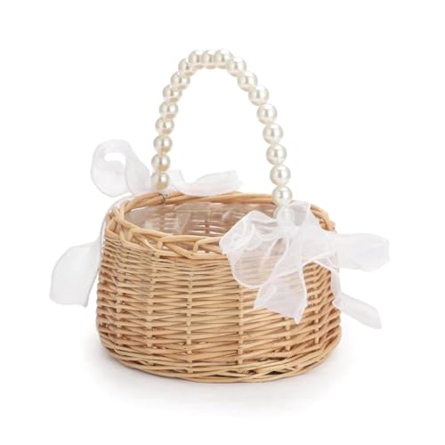 Fegtrtyoa Blumenkorb Aus im Pastoralen Stil mit Perlengriff, Elegantes Accessoire für Hochzeiten und Heimdekoration, Korb für Blumenmädchen von Fegtrtyoa