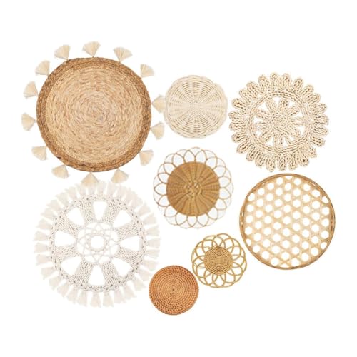 Fegtrtyoa Weiße Makrame Wandteppich Wanddekoration 8Pack, Runde Quasten Flach Gewebte Korb Wandhängedekor, Boho Wandkorbdekoration von Fegtrtyoa