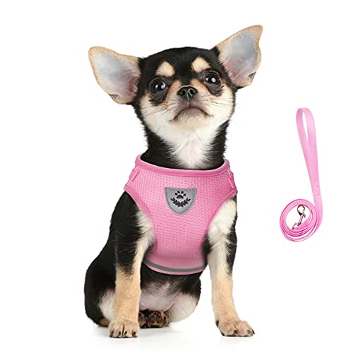 FEimaX Hundegeschirr für Hunde Weich Mesh Atmungsaktiv Katzengeschirr mit Leine Set Reflektierendes Verstellbar Welpen Brustgeschirr für Kleine Hunde Katzen (Rosa, S) von FEimaX