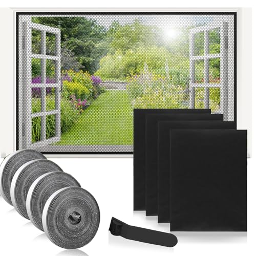 4 er Set Fliegengitter Fenster, Selbstklebendes moskitonetz fenster, aus Insektenschutz ohne Bohren, Zuschneidbarer, inkl. doppelseitigem Klebeband,(schwarzem 130x150 cm) von FeiOne