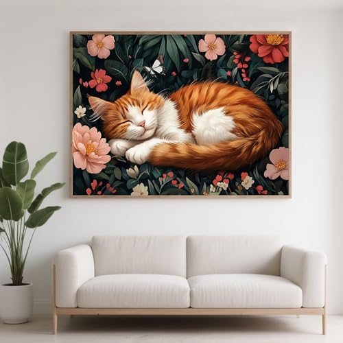 Diamond Painting Erwachsene Katze Diamant Painting Bilder Blume, 5D Diamond Art Basteln Mädchen 8 Jahre, DIY Stickerei Kreuzstich Diamant Malere für Zimmer Deko, Geschenke für Frauen 70x50 cm F0-324 von FeiPride